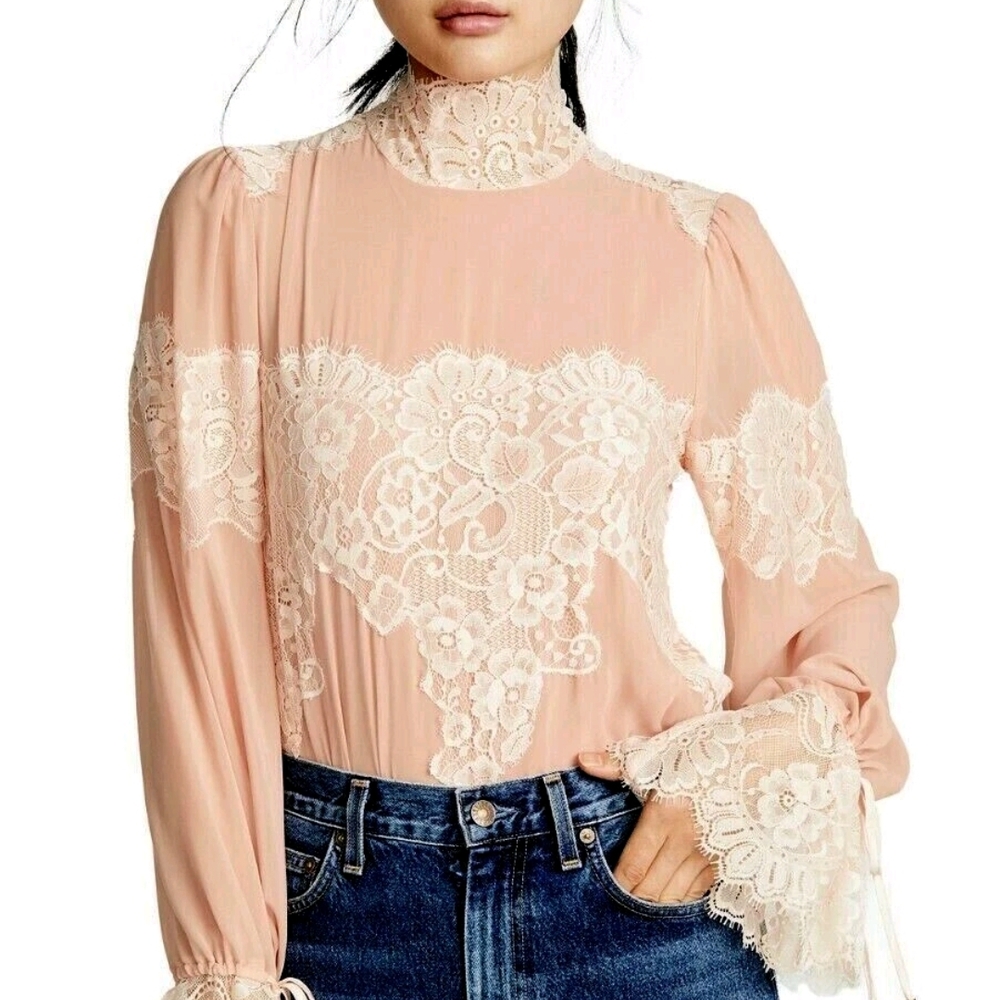 We Are Hah Romantic Lace Trim High-Neck Long-Sleeve Boho Cottage Festival Blouse